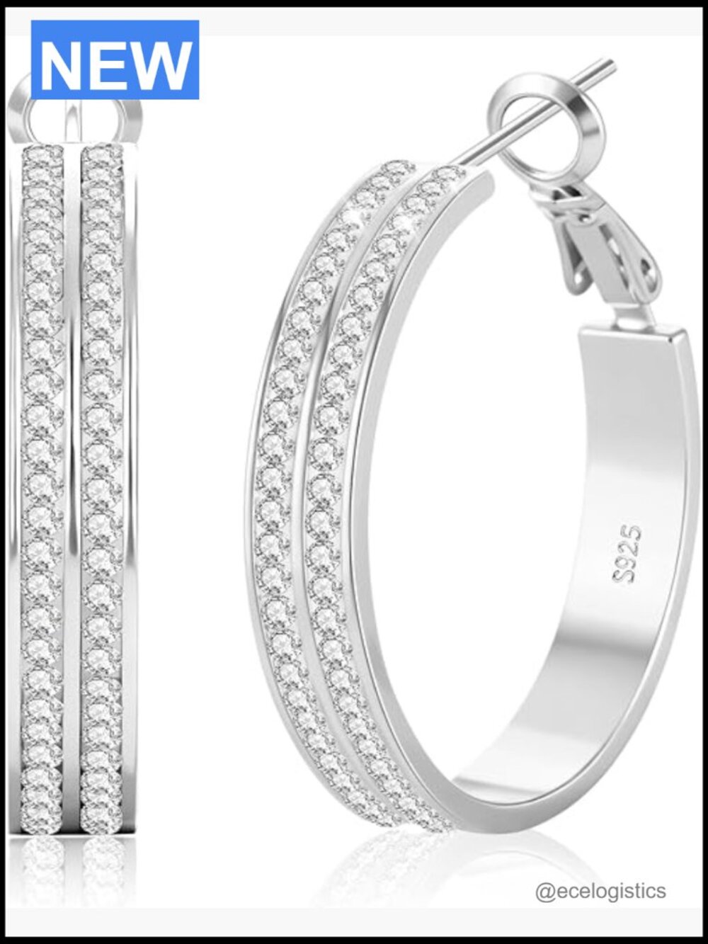 Sterling Silver Double Rhinestone Hoop Earrings Lightweight Sparkly Cz 30mm 40mm